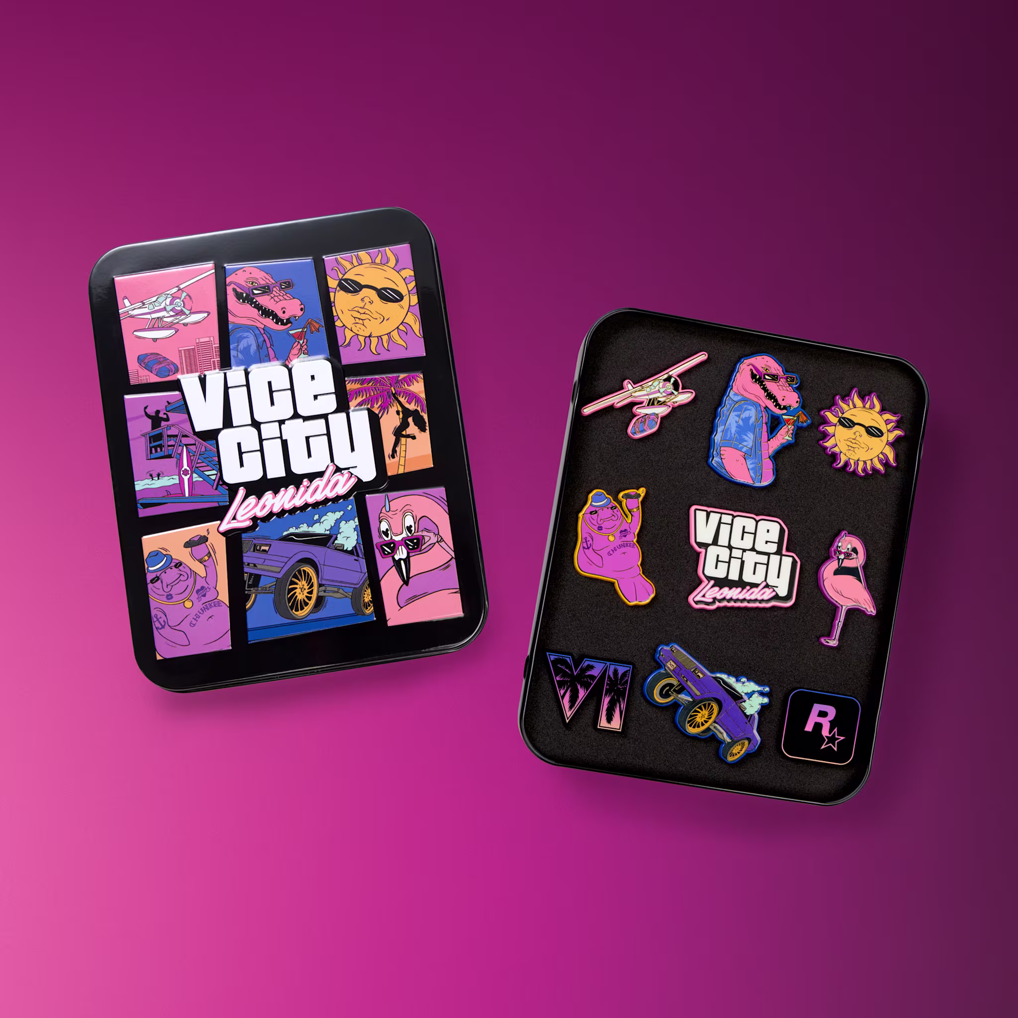 Illustrated Vice City Leonida metal tin and its GTA 6 enamel pins