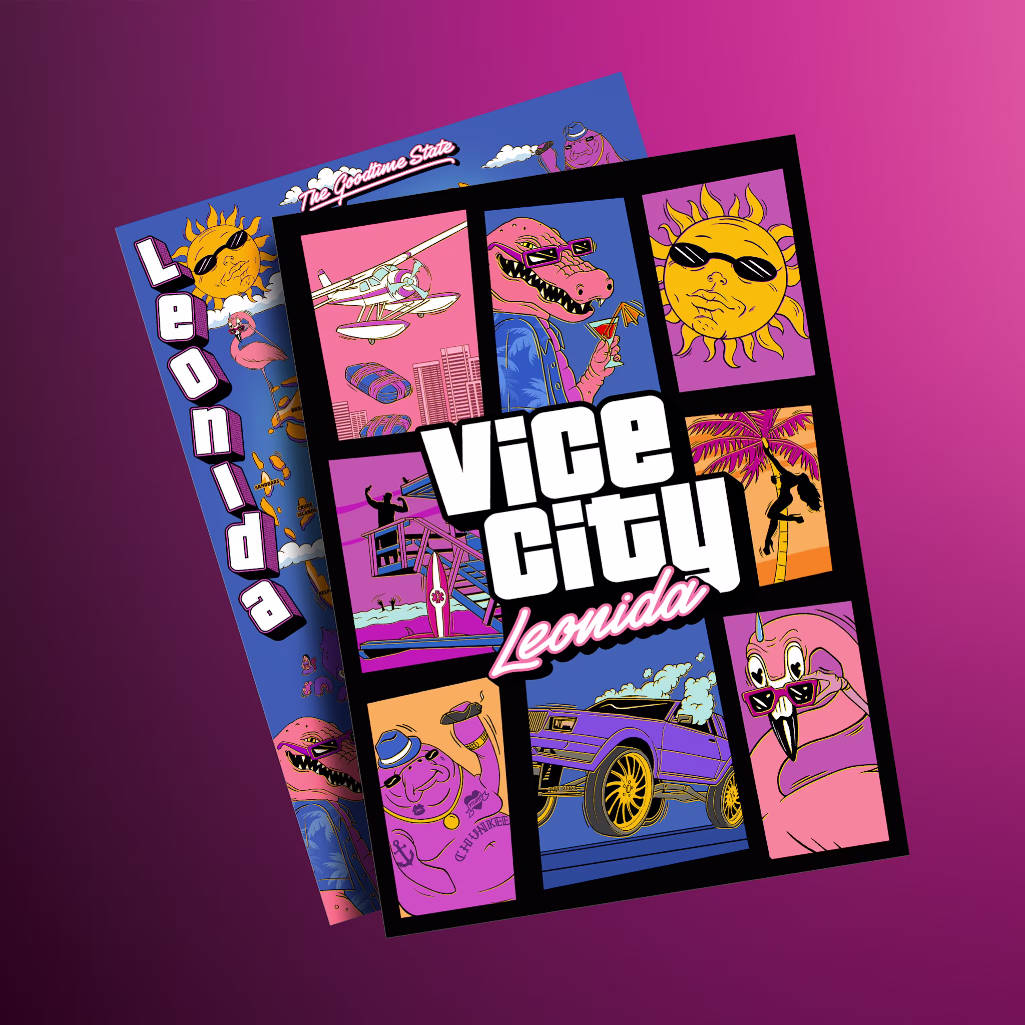 Double-sided illustrated Vice City Leonida poster featuring the Macca the Gator characters