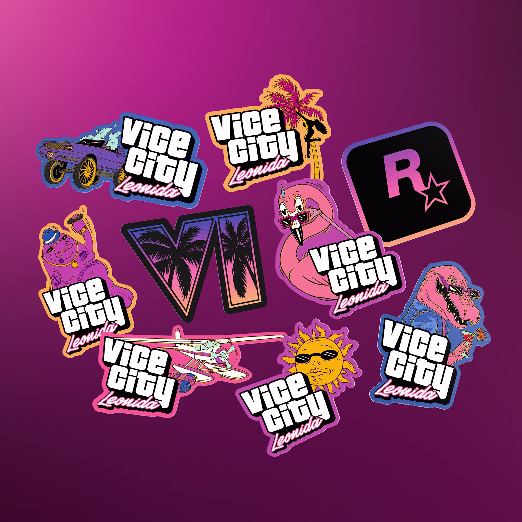 Vice City Leonida stickers, GTA VI logo, Rockstar logo and Macca the Gator characters