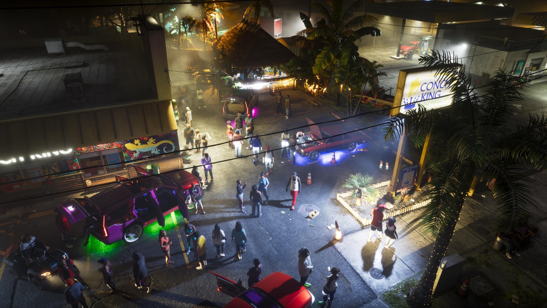 Night party in the parking lot of a Conch King restaurant in GTA 6, with a crowd and cars lit by purple and green neons