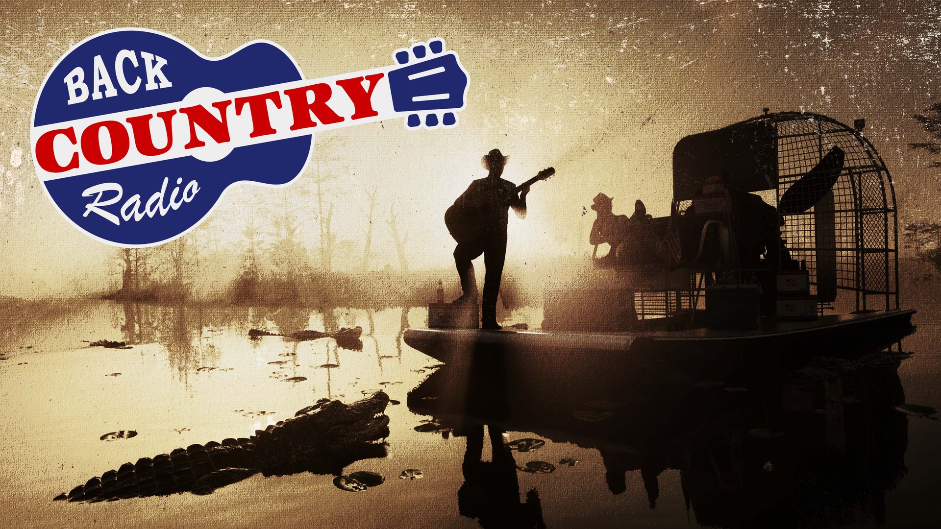 Back Country Radio artwork in GTA 6: a backlit guitarist on an airboat surrounded by alligators in a swamp
