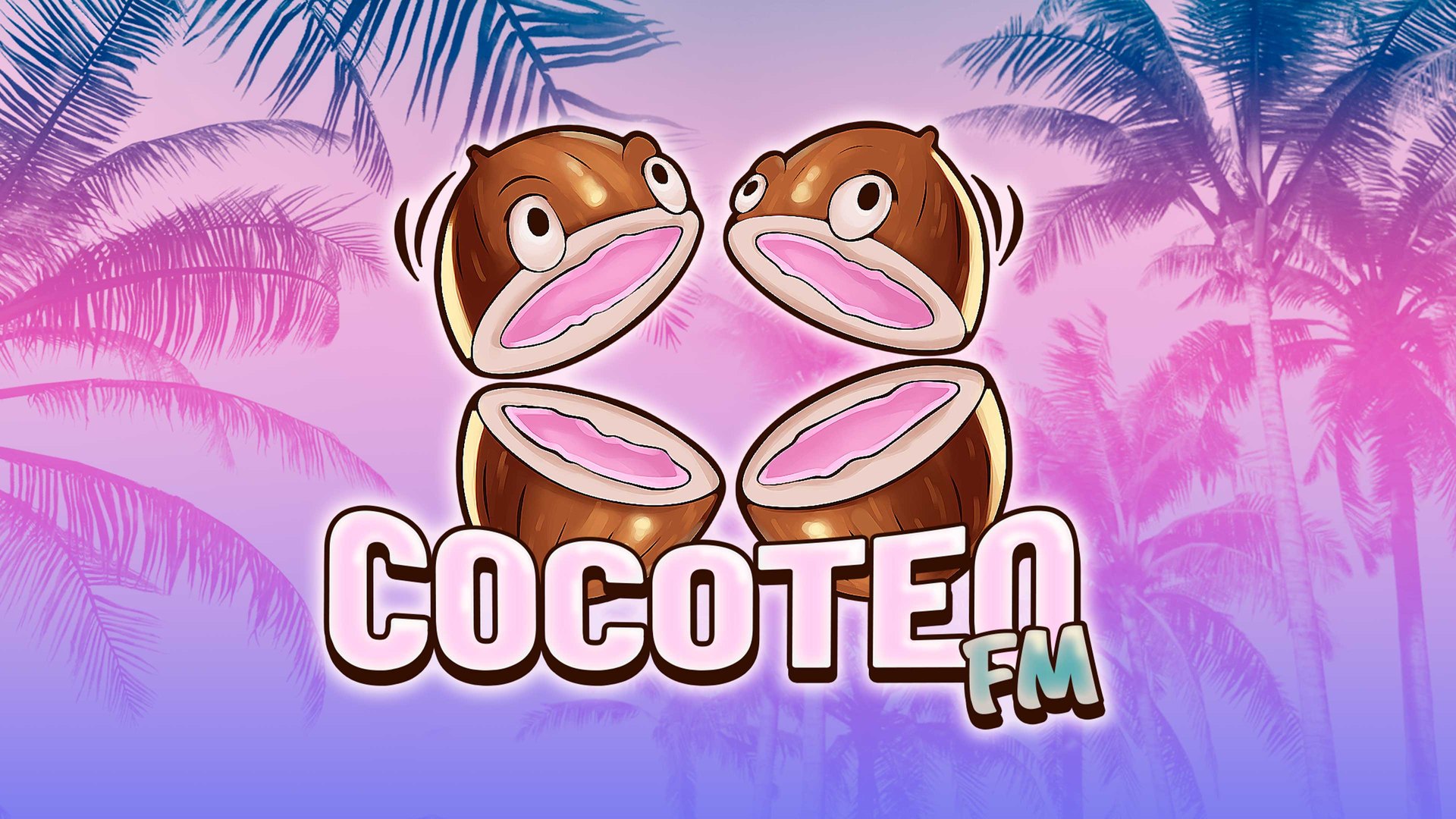 Cocoteo FM radio artwork in GTA 6: two halved coconuts with eyes in front of pink and purple palm trees