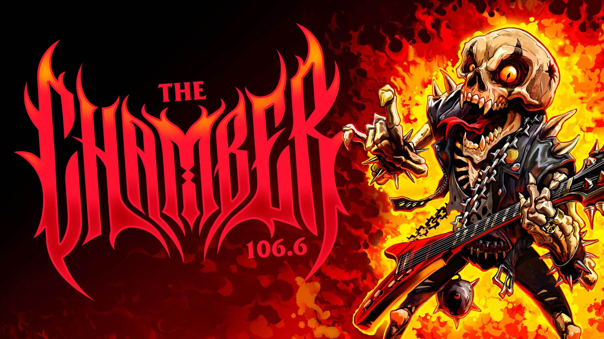 The Chamber 106.6 artwork in GTA 6: a skeleton in a studded jacket holds up a red guitar surrounded by flames