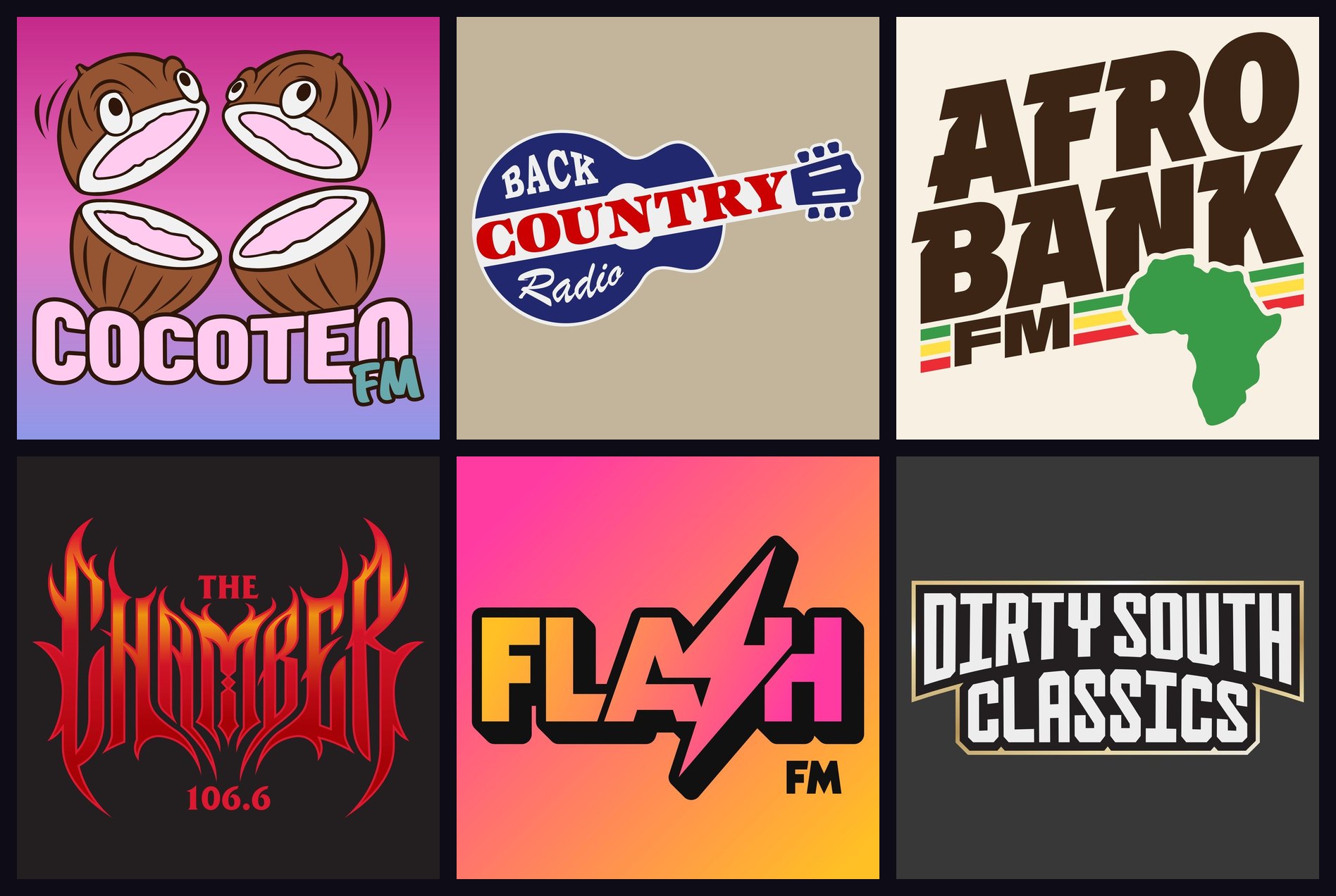 The logos of the 6 GTA 6 radio stations: Cocoteo FM, Back Country Radio, AfroBank FM, The Chamber 106.6, Flash FM and Dirty South Classics