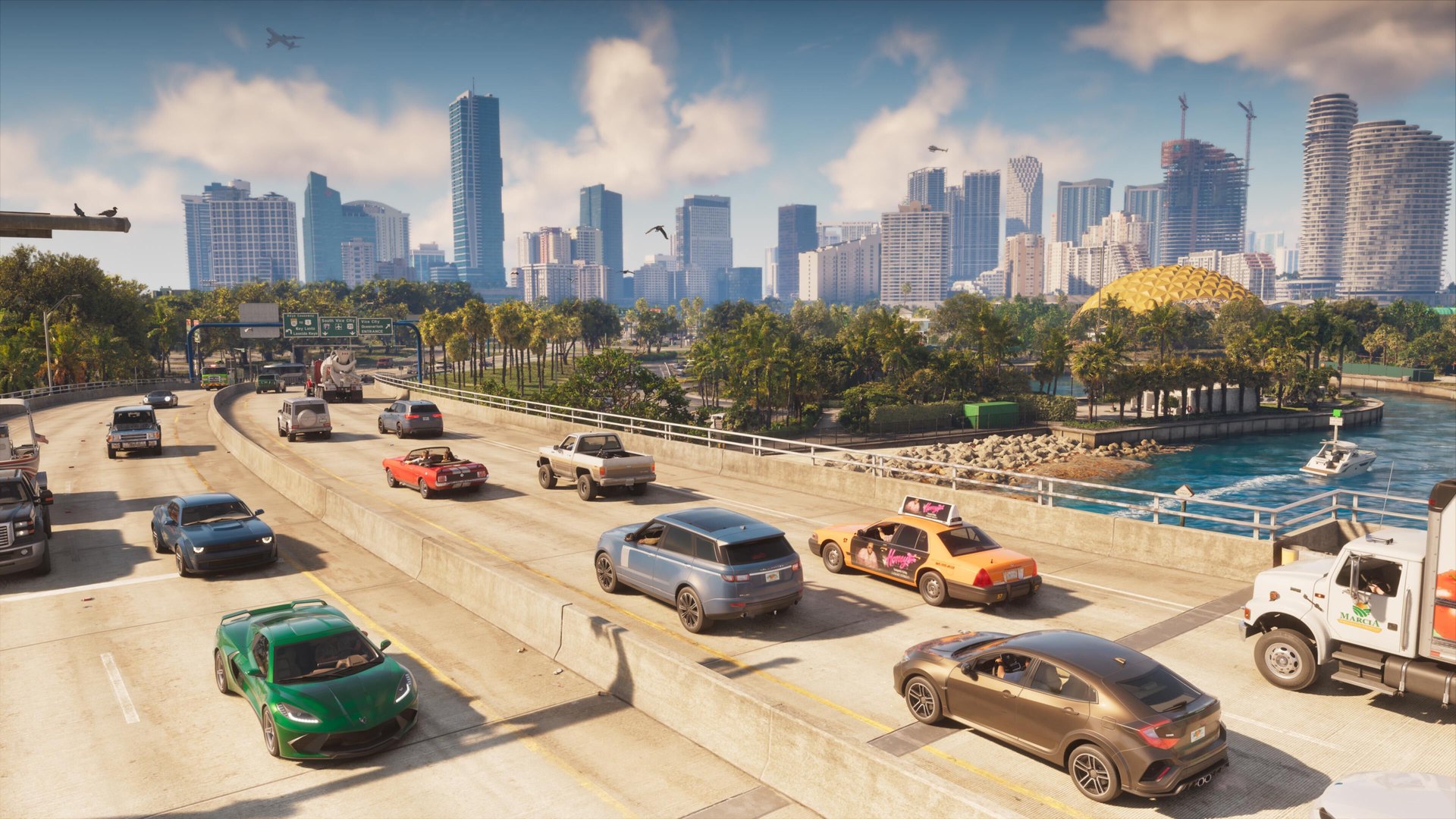 Cars drive along a busy Leonida highway with the Vice City skyline in the background in GTA 6