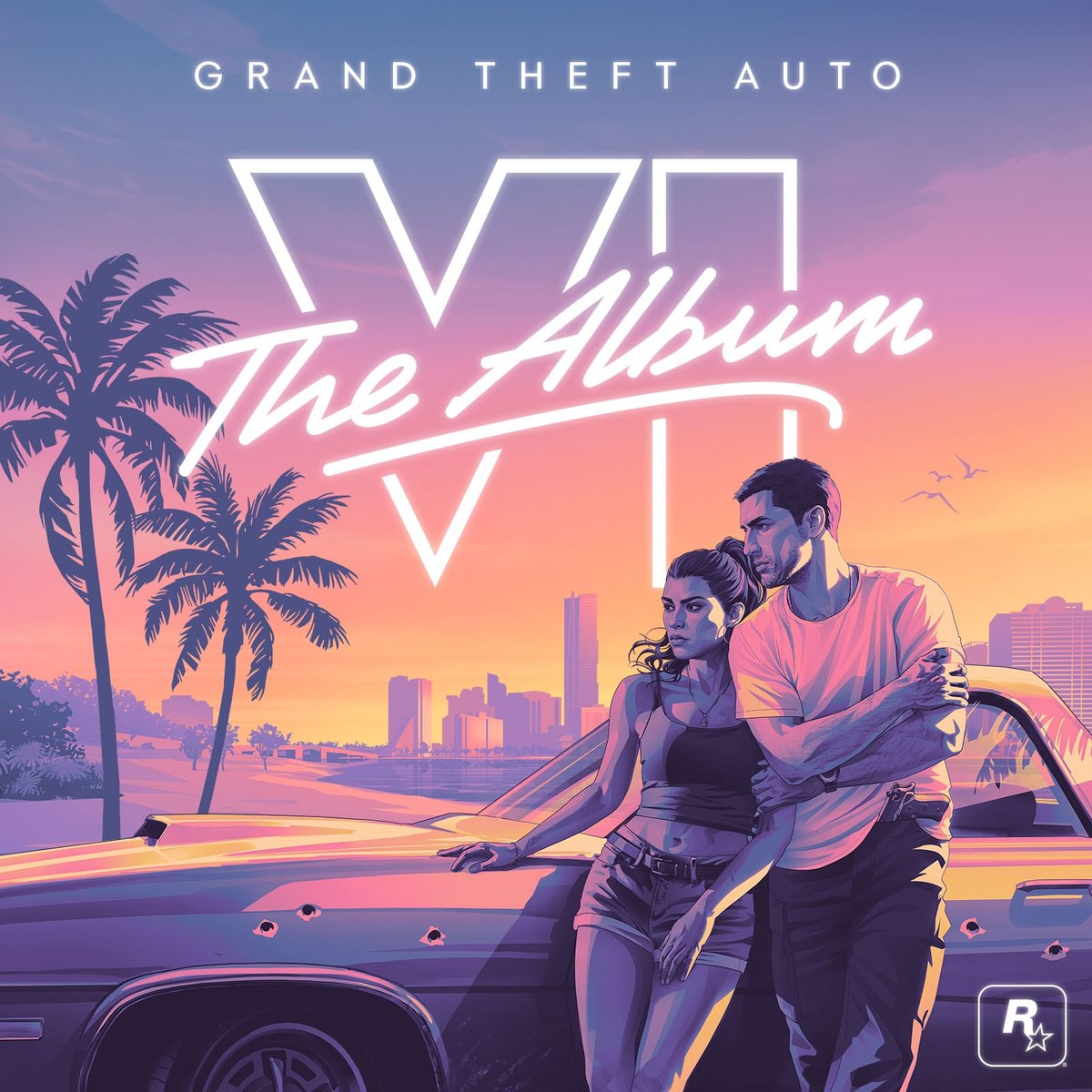 GTA 6 The Album cover art: Jason and Lucia embrace against a bullet-riddled car, with palm trees and the city at sunset