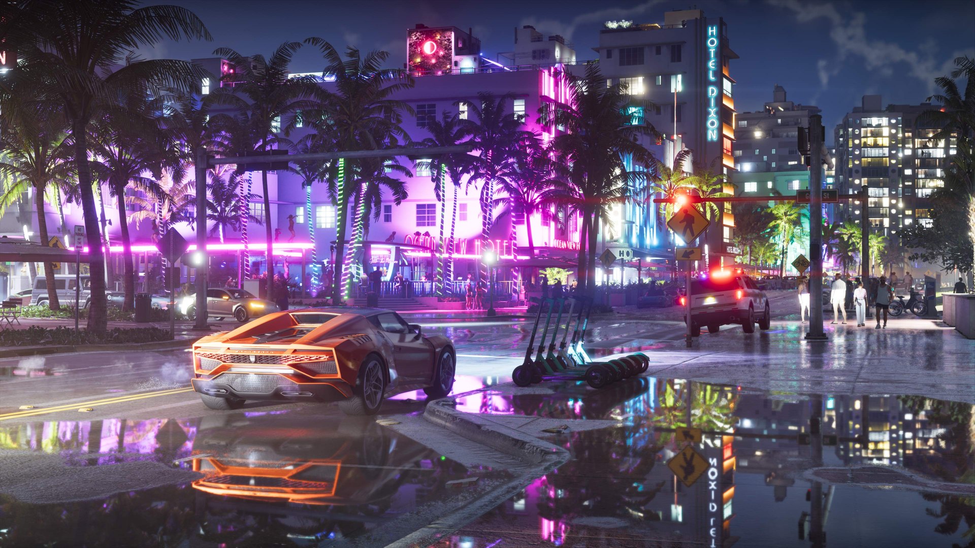 Vice City at night in GTA 6: pink neon of the Ocean View Hotel, the blue Hotel Dixon sign and an orange sports car