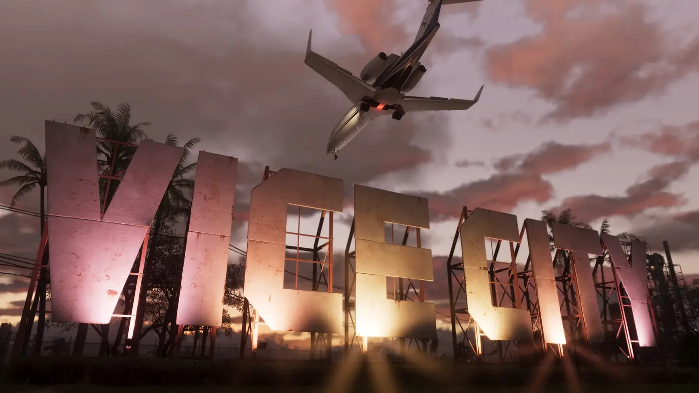 The giant VICE CITY letters at sunset, with a plane flying overhead, in GTA 6