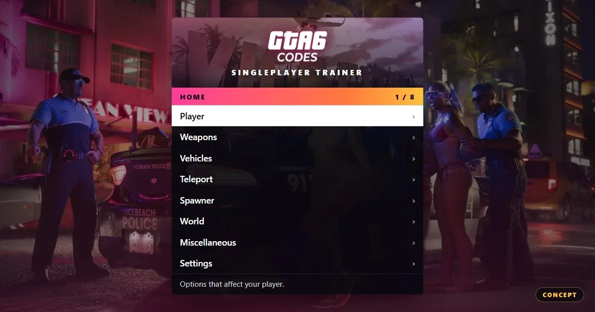 Concept of the GTA6CODES.FR Singleplayer Trainer menu, a GTA 6 trainer for single player