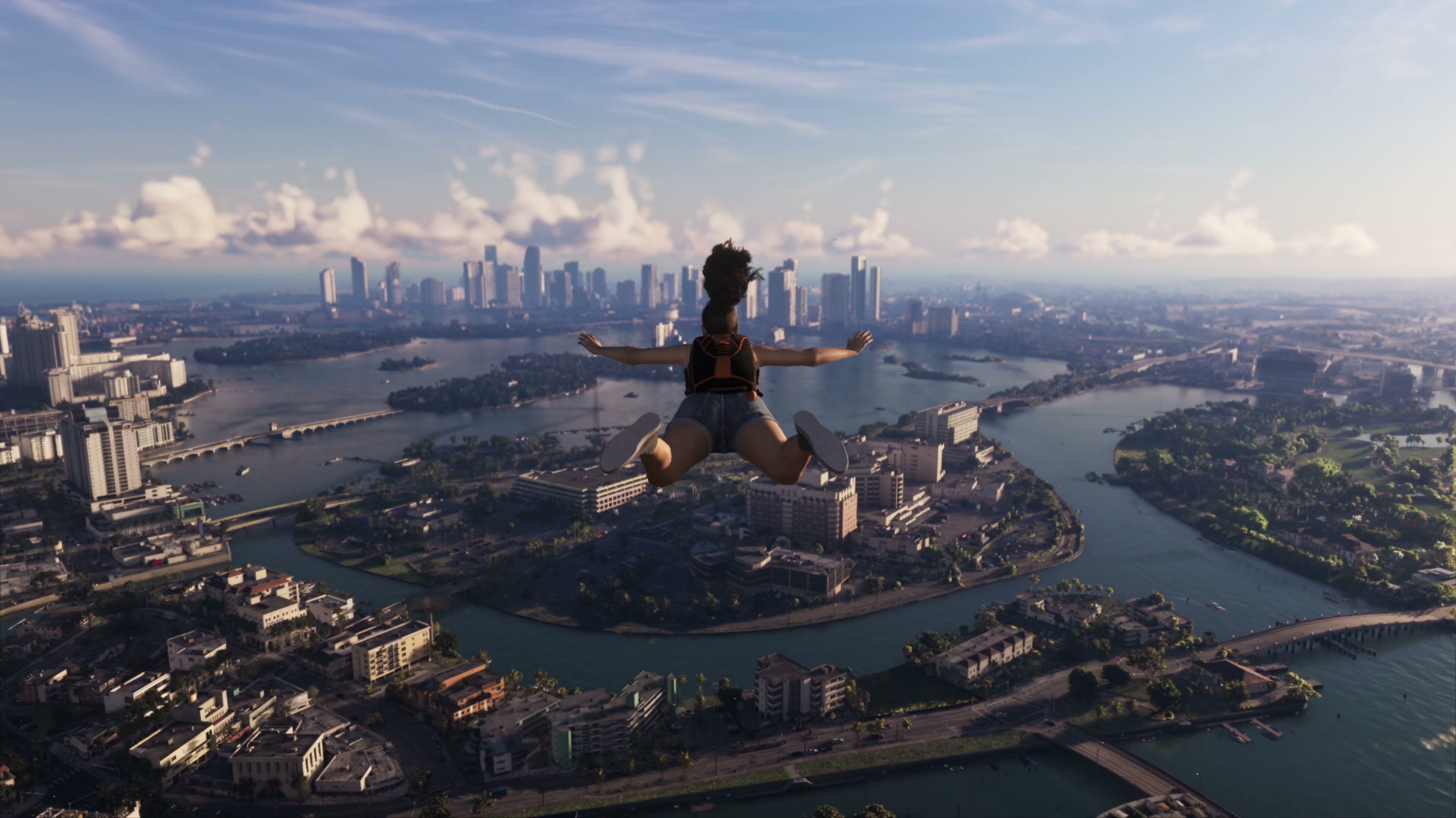 Freefall above Vice City in GTA 6, aerial view of the city