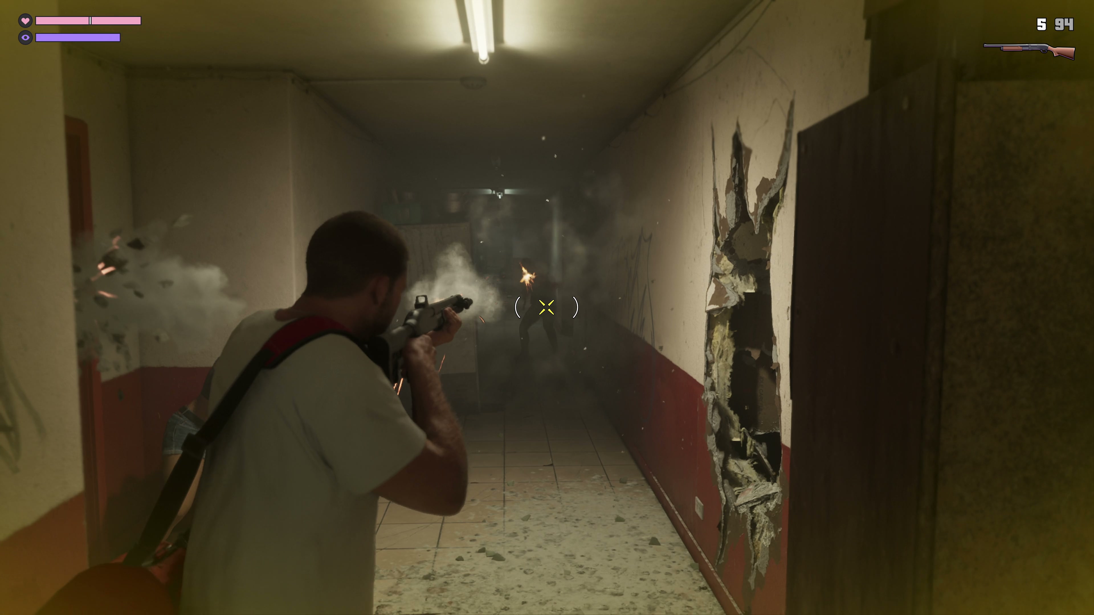 Indoor action scene in GTA 6 with the in-game interface
