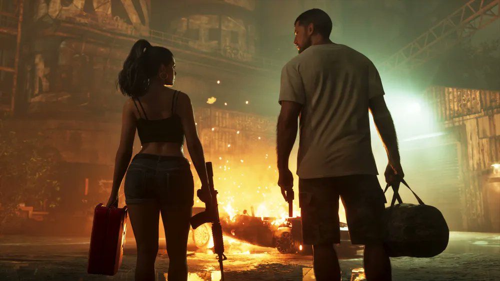 Jason and Lucia walking away from a fire carrying bags, Lucia armed, in GTA 6