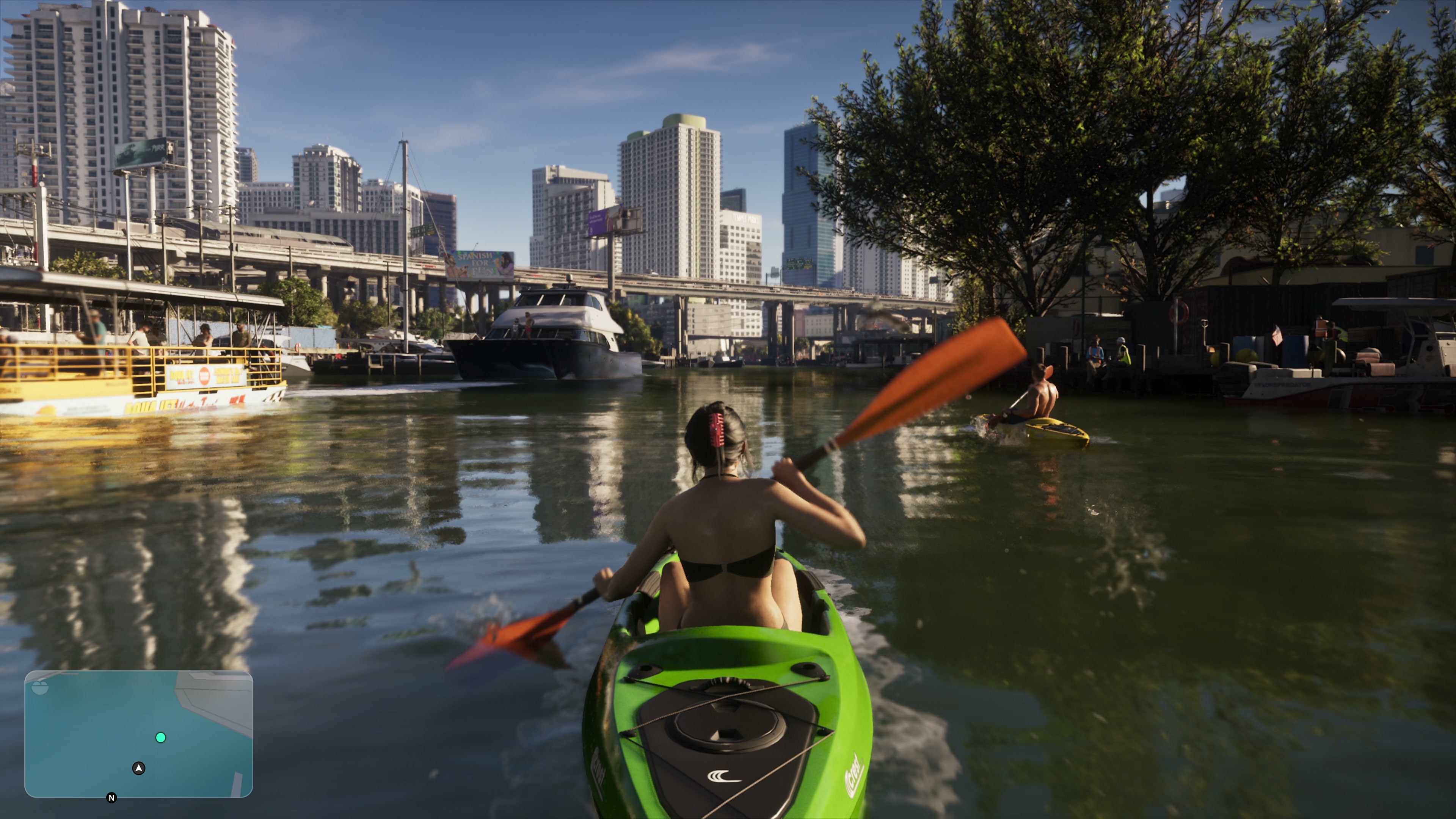 Kayaking on the water with the Vice City skyline behind, in GTA 6