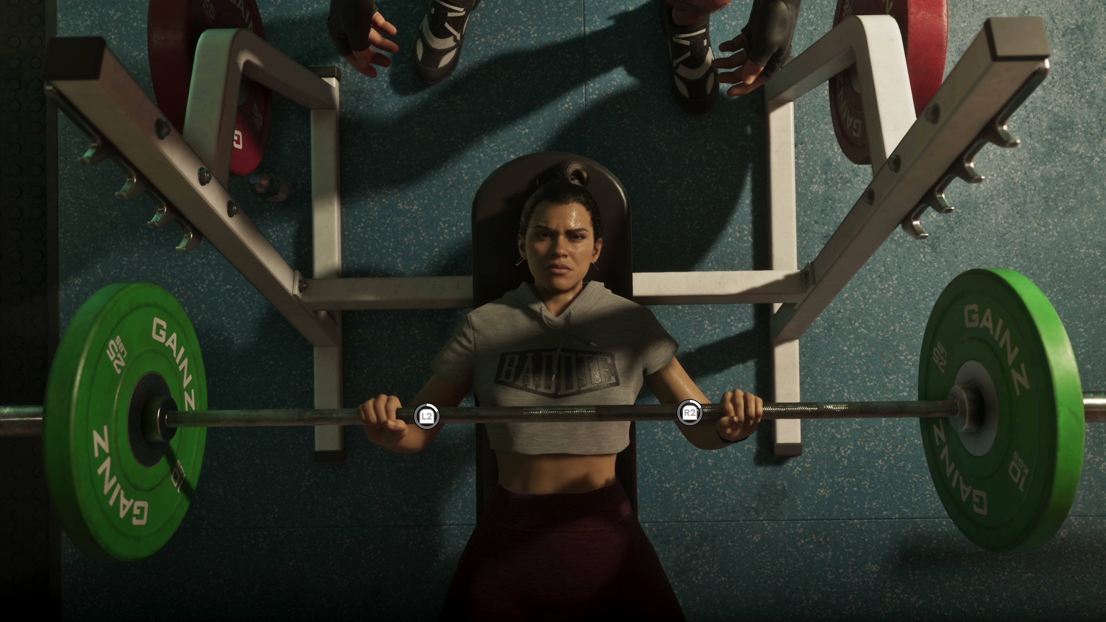 Lucia lifting weights in a gym in GTA 6
