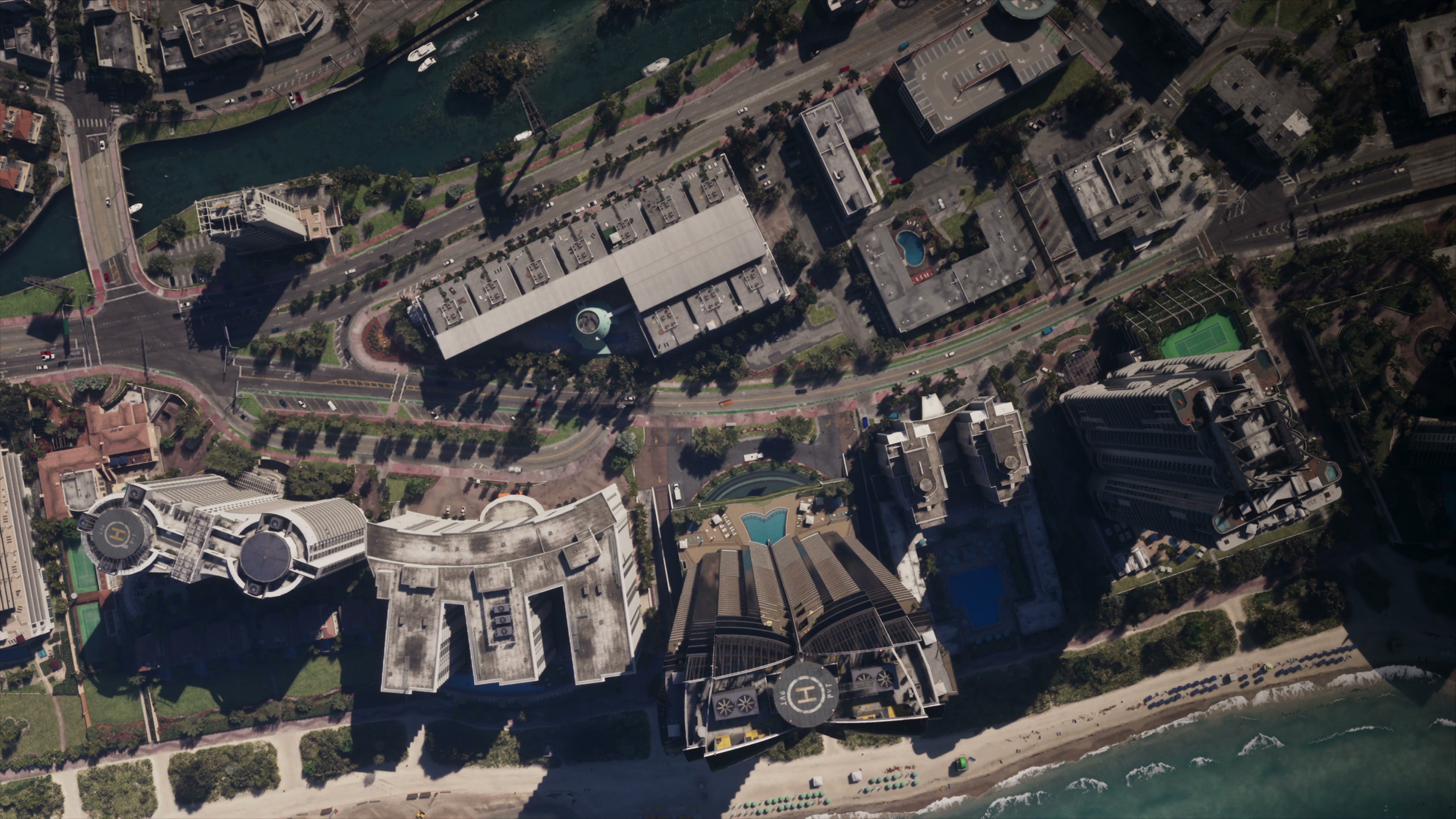 Aerial view of Leonida in GTA 6, canals, beaches and buildings